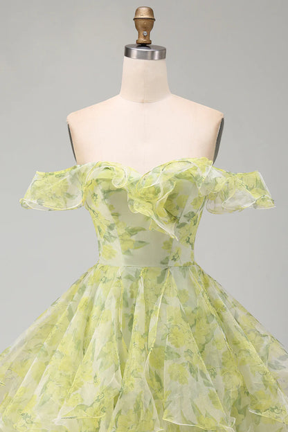 Vintage Off-the-Shoulder Ruffle Light Green Floral Organza Layered A-Line Homecoming Dress TP6021