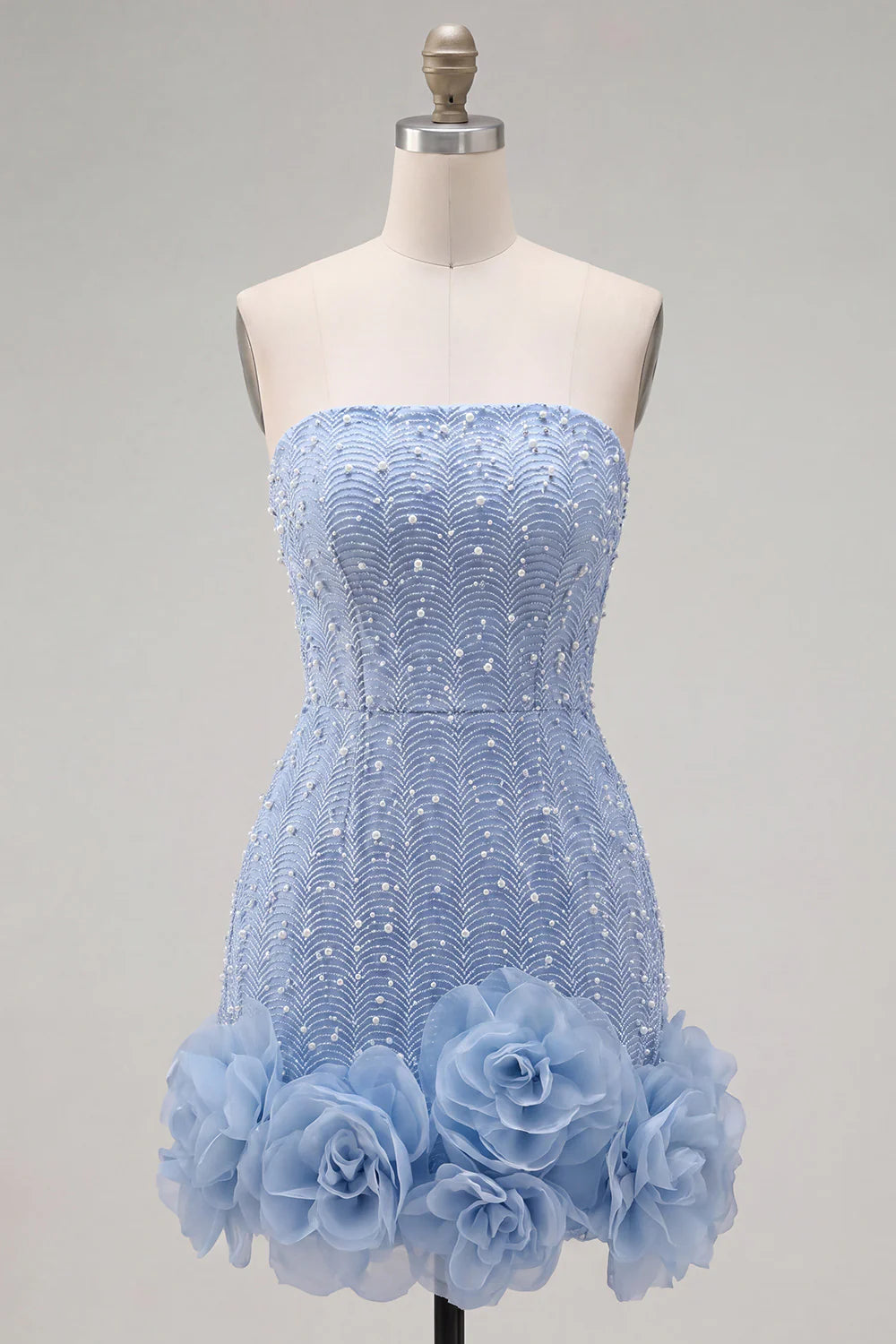 Elegant Light Blue Strapless Pearl Beaded Sheath Mini 3D Organza Rose Hem Homecoming Dress TP6043
