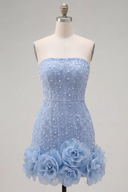 Elegant Light Blue Strapless Pearl Beaded Sheath Mini 3D Organza Rose Hem Homecoming Dress TP6043