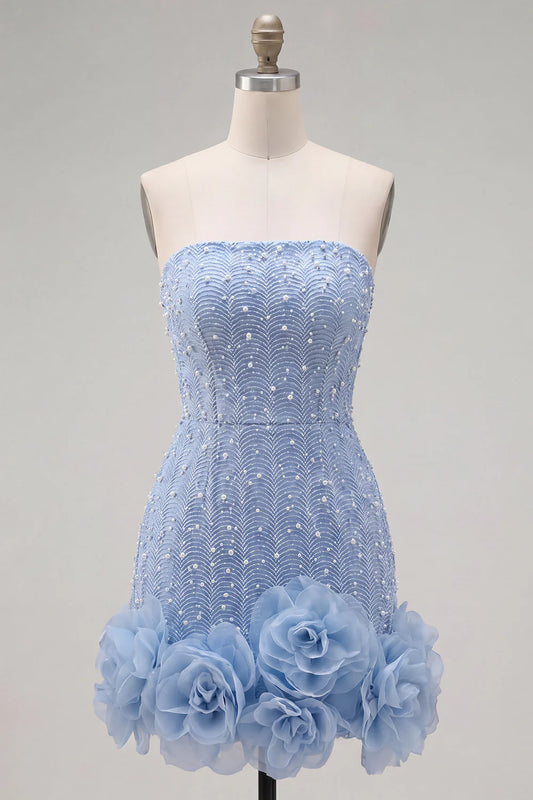 Elegant Light Blue Strapless Pearl Beaded Sheath Mini 3D Organza Rose Hem Homecoming Dress TP6043