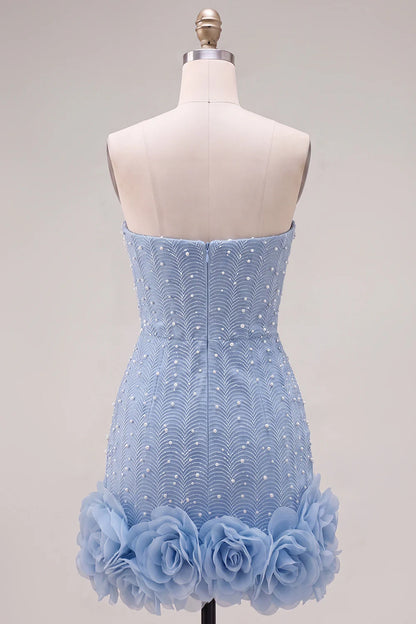Elegant Light Blue Strapless Pearl Beaded Sheath Mini 3D Organza Rose Hem Homecoming Dress TP6043