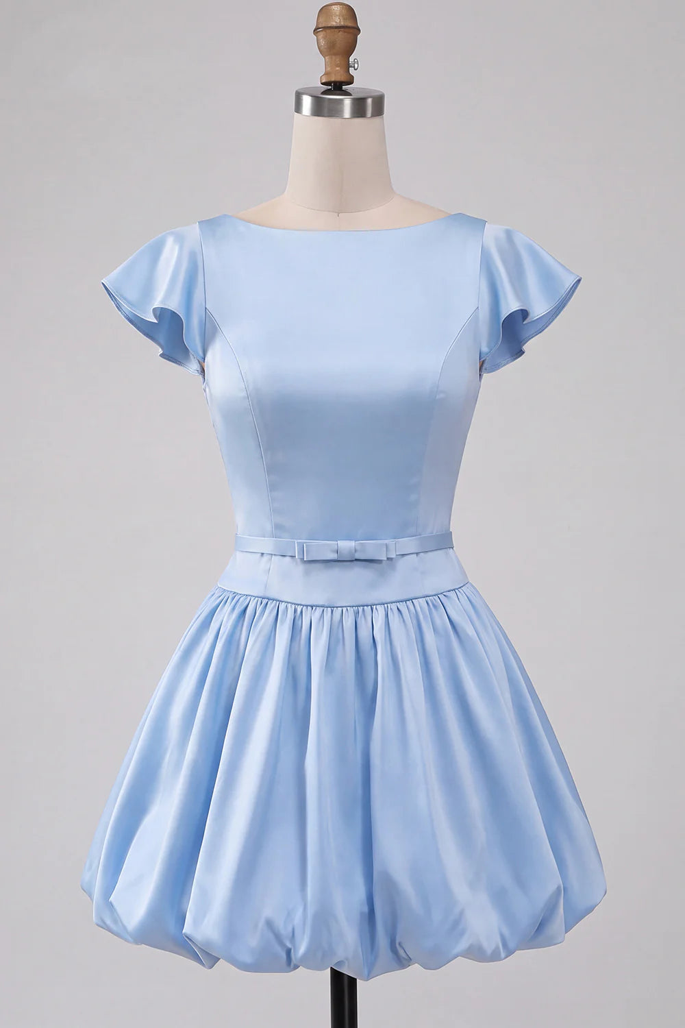 Elegant Light Blue Satin Boat Neck Flutter Sleeves A-Line Bubble Homecoming Dress TP6042