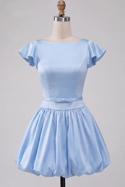 Elegant Light Blue Satin Boat Neck Flutter Sleeves A-Line Bubble Homecoming Dress TP6042
