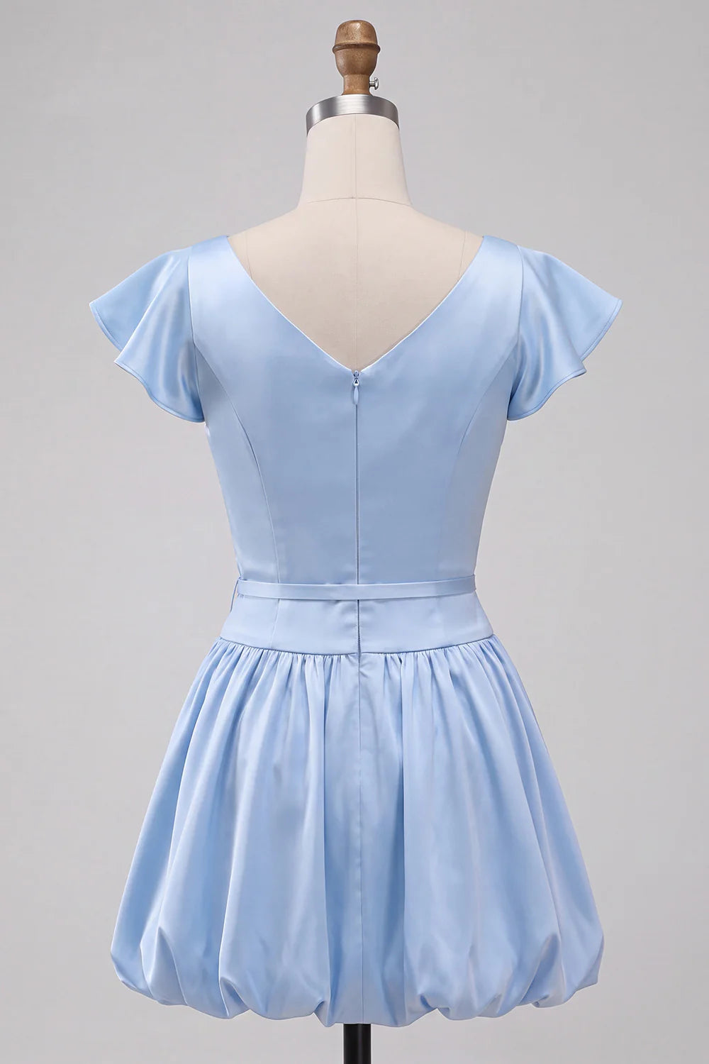 Elegant Light Blue Satin Boat Neck Flutter Sleeves A-Line Bubble Homecoming Dress TP6042