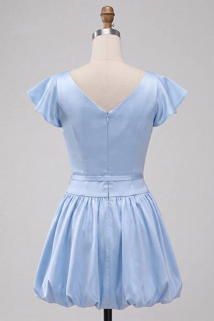 Elegant Light Blue Satin Boat Neck Flutter Sleeves A-Line Bubble Homecoming Dress TP6042