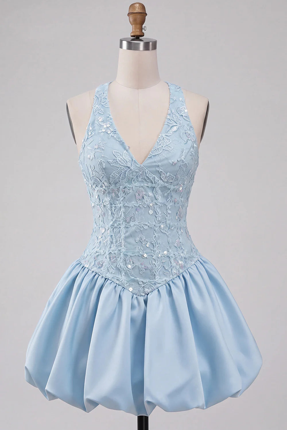 Elegant Light Blue Halter V-Neck Sequin Lace Corset Bubble Satin Mini A-Line Homecoming Dress TP6041