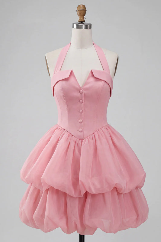 Vintage Pink Halter-Neck Button Corset Tiered Bubble Organza A-Line Homecoming Dress TP6039