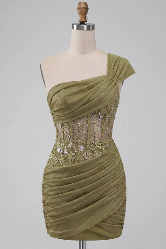 Vintage Olive Green One-Shoulder Ruched Sequin Lace Corset Bodycon Homecoming Dress TP6038