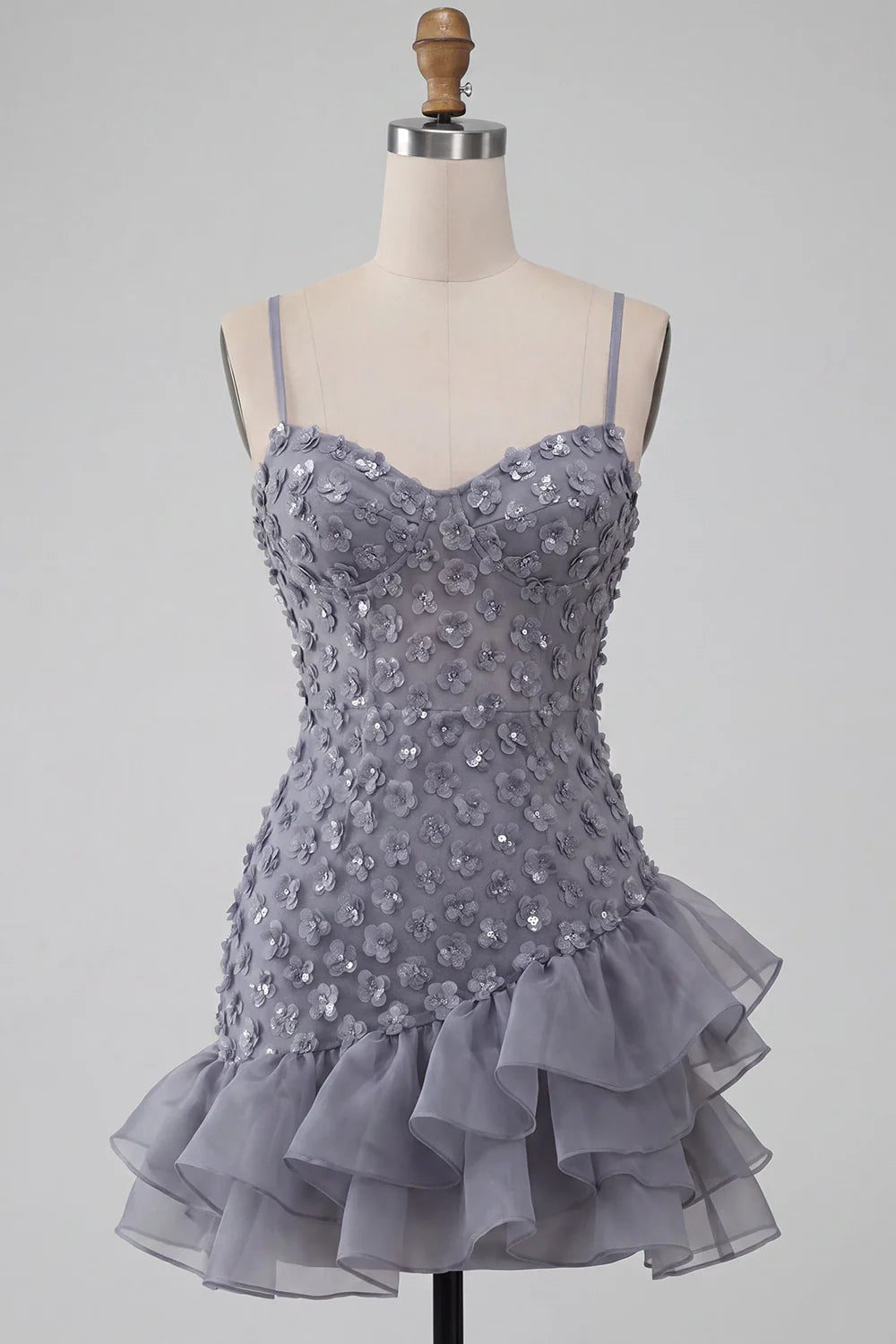Vintage Grey Spaghetti Strap Sweetheart 3D Floral Sequin Bodycon Tiered Organza Ruffle Homecoming Dress TP6046