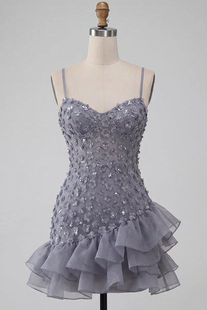 Vintage Grey Spaghetti Strap Sweetheart 3D Floral Sequin Bodycon Tiered Organza Ruffle Homecoming Dress TP6046