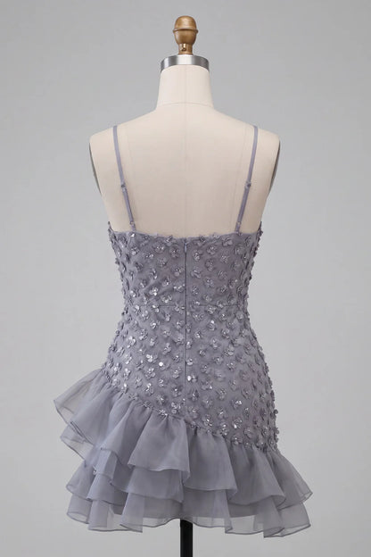 Vintage Grey Spaghetti Strap Sweetheart 3D Floral Sequin Bodycon Tiered Organza Ruffle Homecoming Dress TP6046