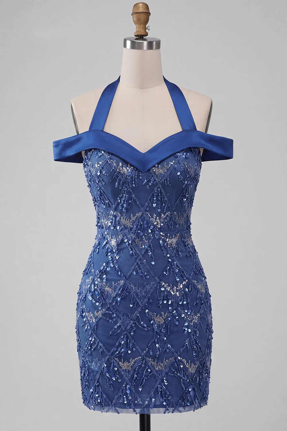 Elegant Royal Blue Halter-Neck Sequin Bodycon Short Homecoming Dress TP6045