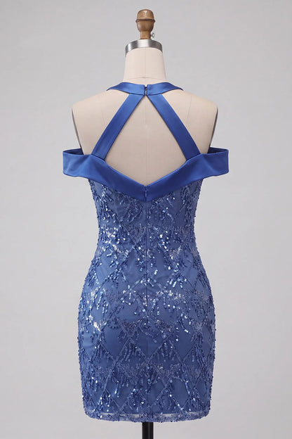 Elegant Royal Blue Halter-Neck Sequin Bodycon Short Homecoming Dress TP6045