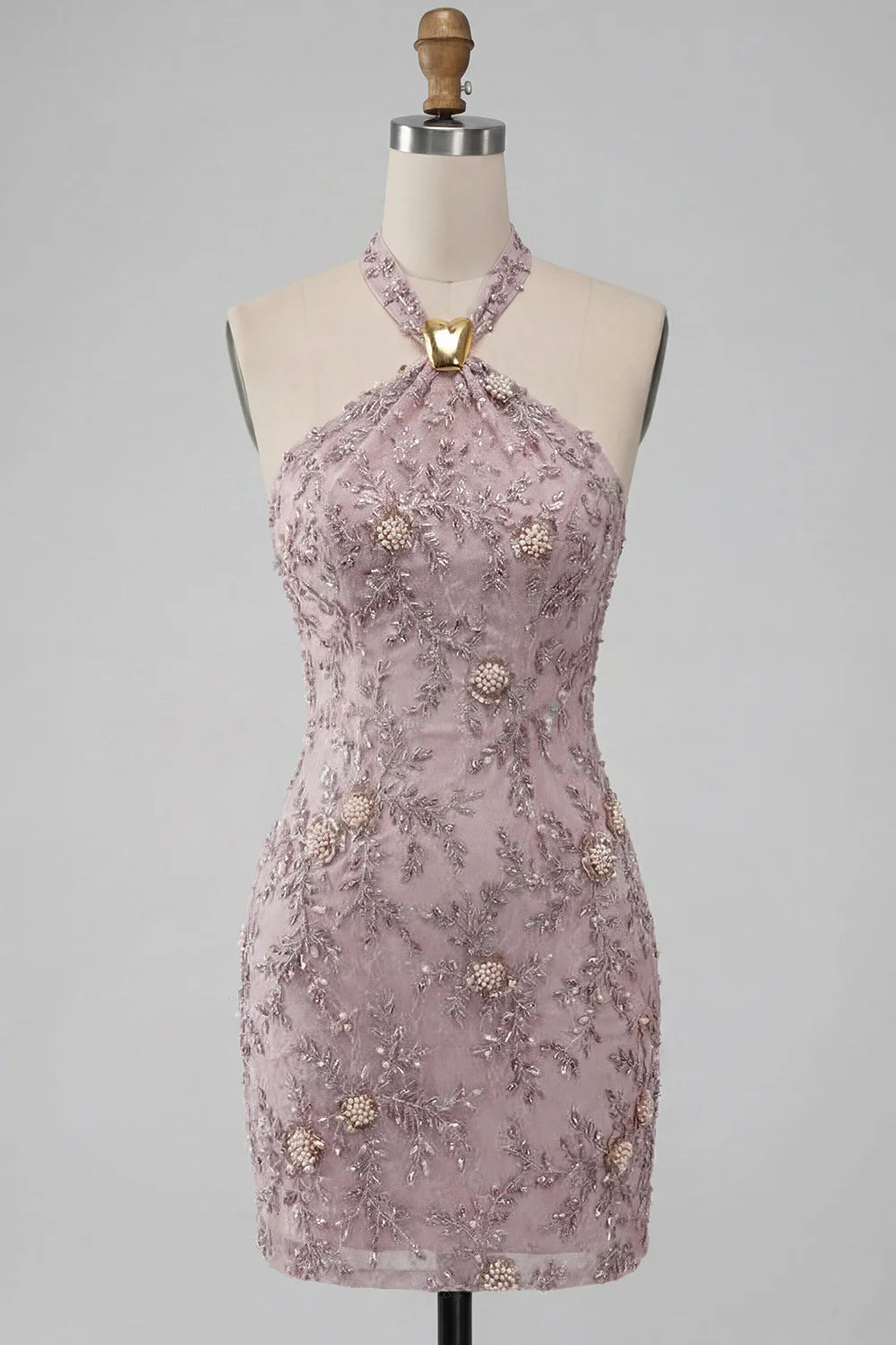 Elegant Halter-Neck Beaded Lace Sheath Floral Pearl Appliques Short Homecoming Dress TP6044