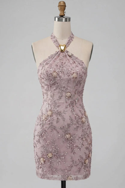 Elegant Halter-Neck Beaded Lace Sheath Floral Pearl Appliques Short Homecoming Dress TP6044
