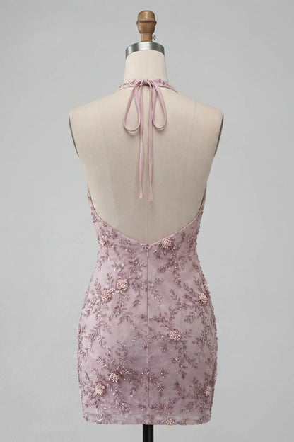 Elegant Halter-Neck Beaded Lace Sheath Floral Pearl Appliques Short Homecoming Dress TP6044