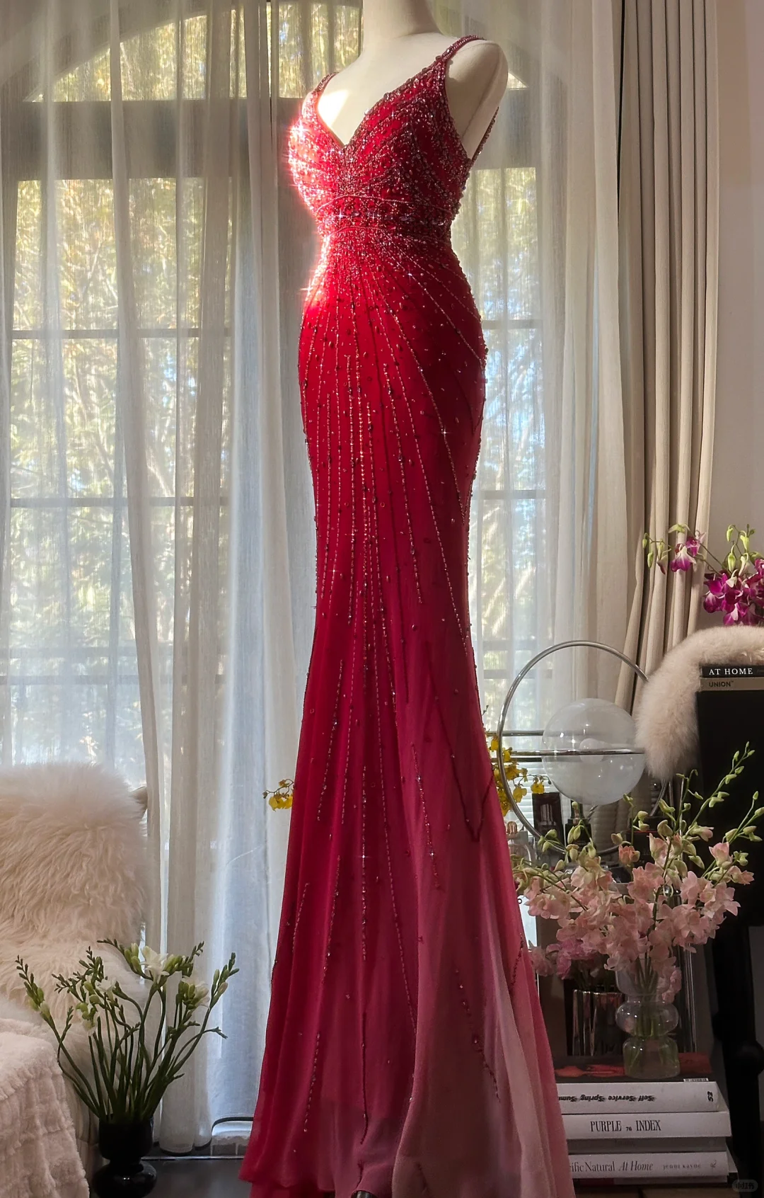 Retro Red V-neck Sparkling Beaded Mermaid Chiffon Ball Gown Evening Dress Prom Dress TP3970