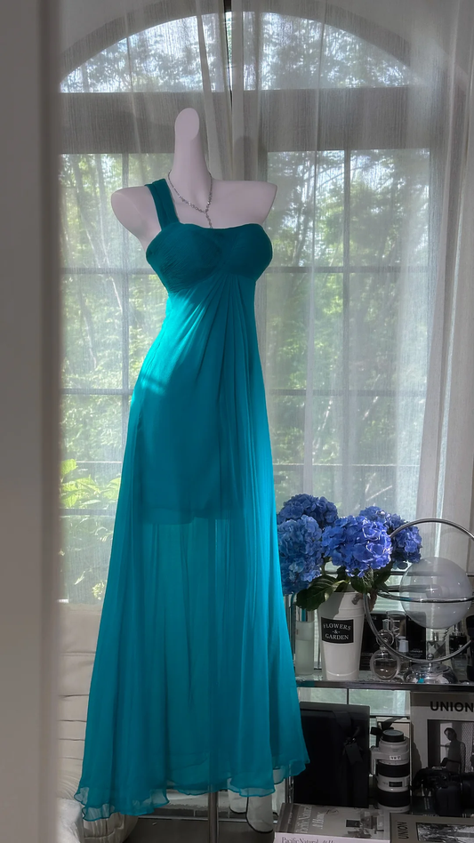 Vintage-Inspired Blue One-shoulder Prom Dress Sheath Chiffon Evening Gown TP5137