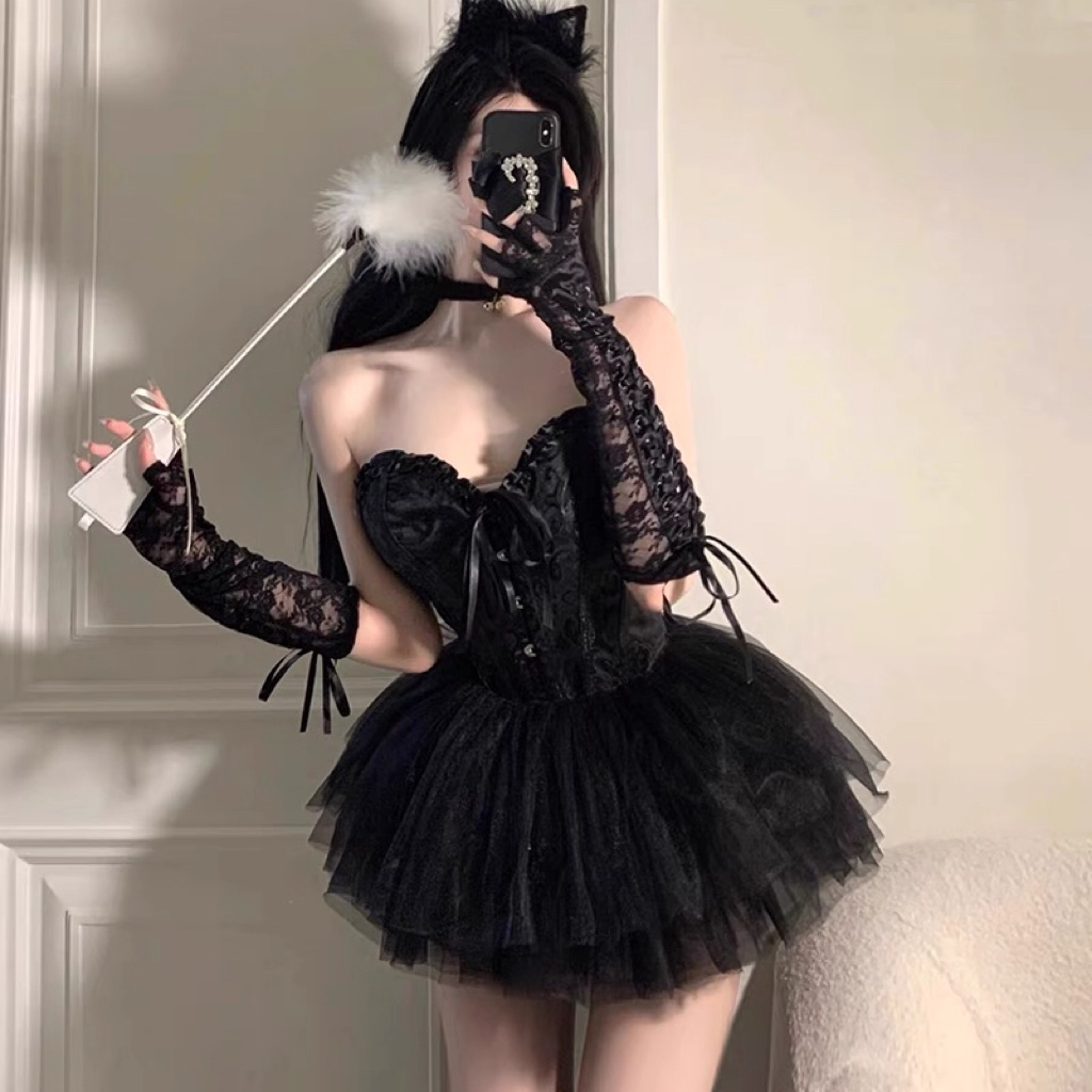 Gothic Lace Spaghetti Strap A-Line Sweetheart Short Lace-up Halloween Costume TP4839