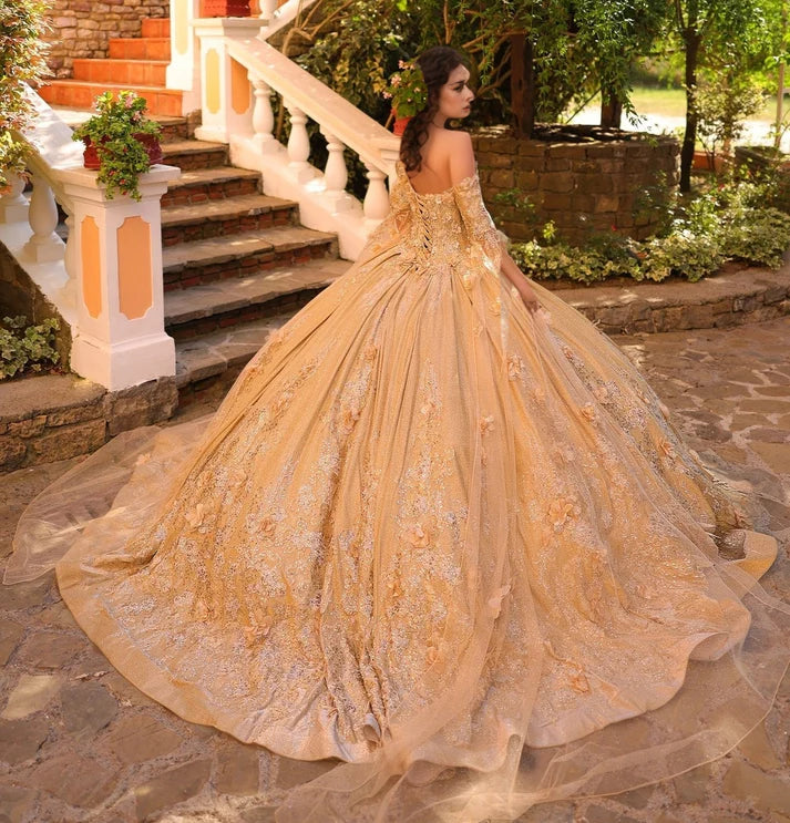 Elegant Champagne Sequined Applique Sweetheart Sheer Tulle Sleeves Quinceanera Ball Gown TP5241