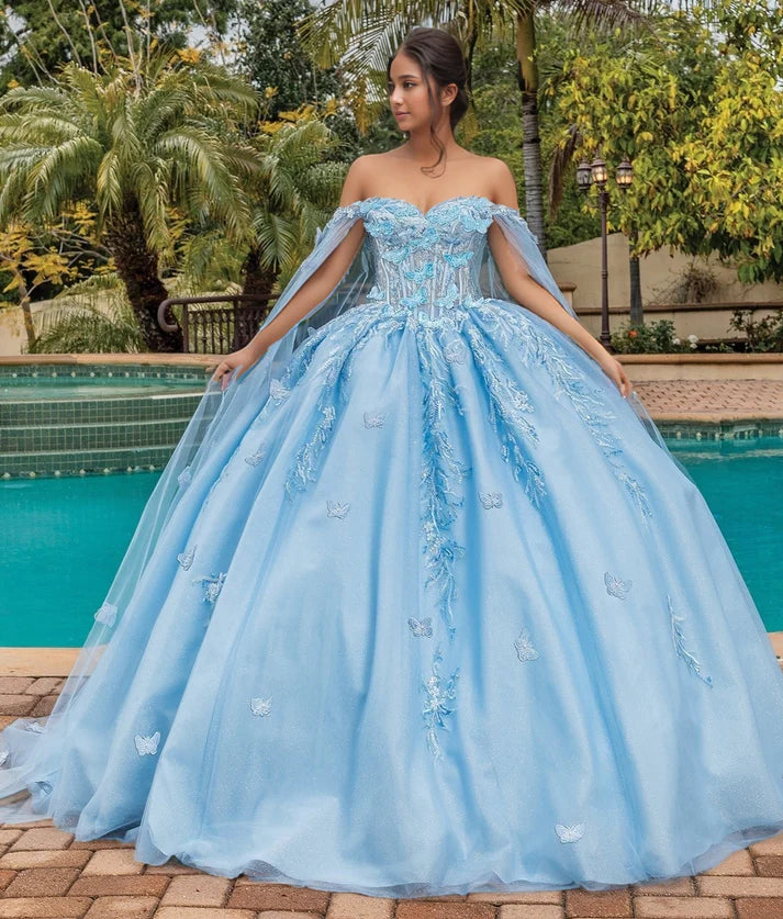 Glamorous Sky Blue Glitter Tulle Off-the-Shoulder Embroidered 3D Butterfly Sweet 15 Quinceanera Ball Gown TP5437