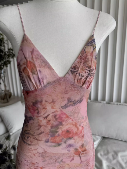 Sweet Spaghetti Strap V-neck Backless Design Floral Print A-line Women Dress TP3868