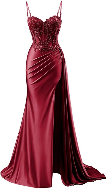 Vintage Sheath Applique Sweetheart Satin Evening Gown Spaghetti Strap Party Dress Slit Long Formal Dress TP4901
