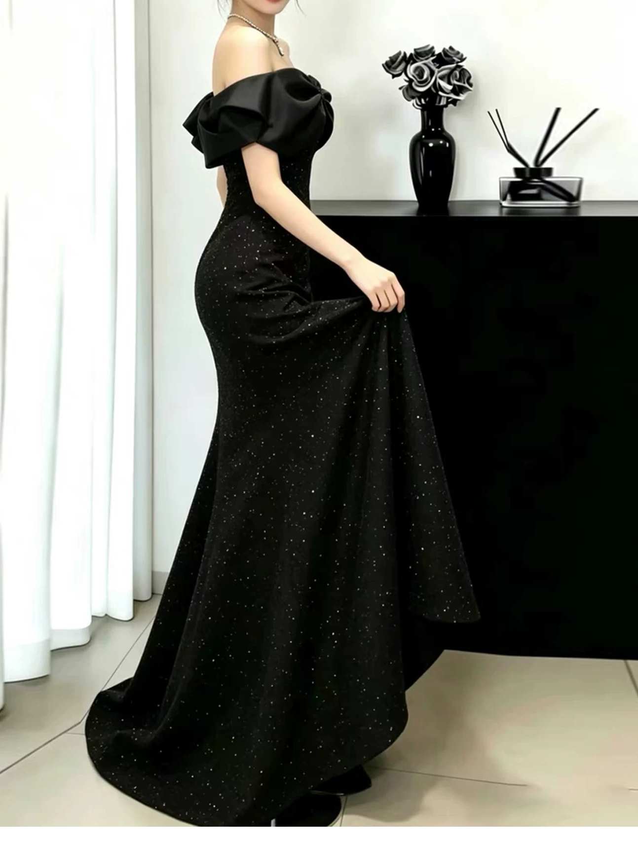 Glamorous Off-the-Shoulder Bow Glitter Mermaid Floor Length Prom Dress TP5873