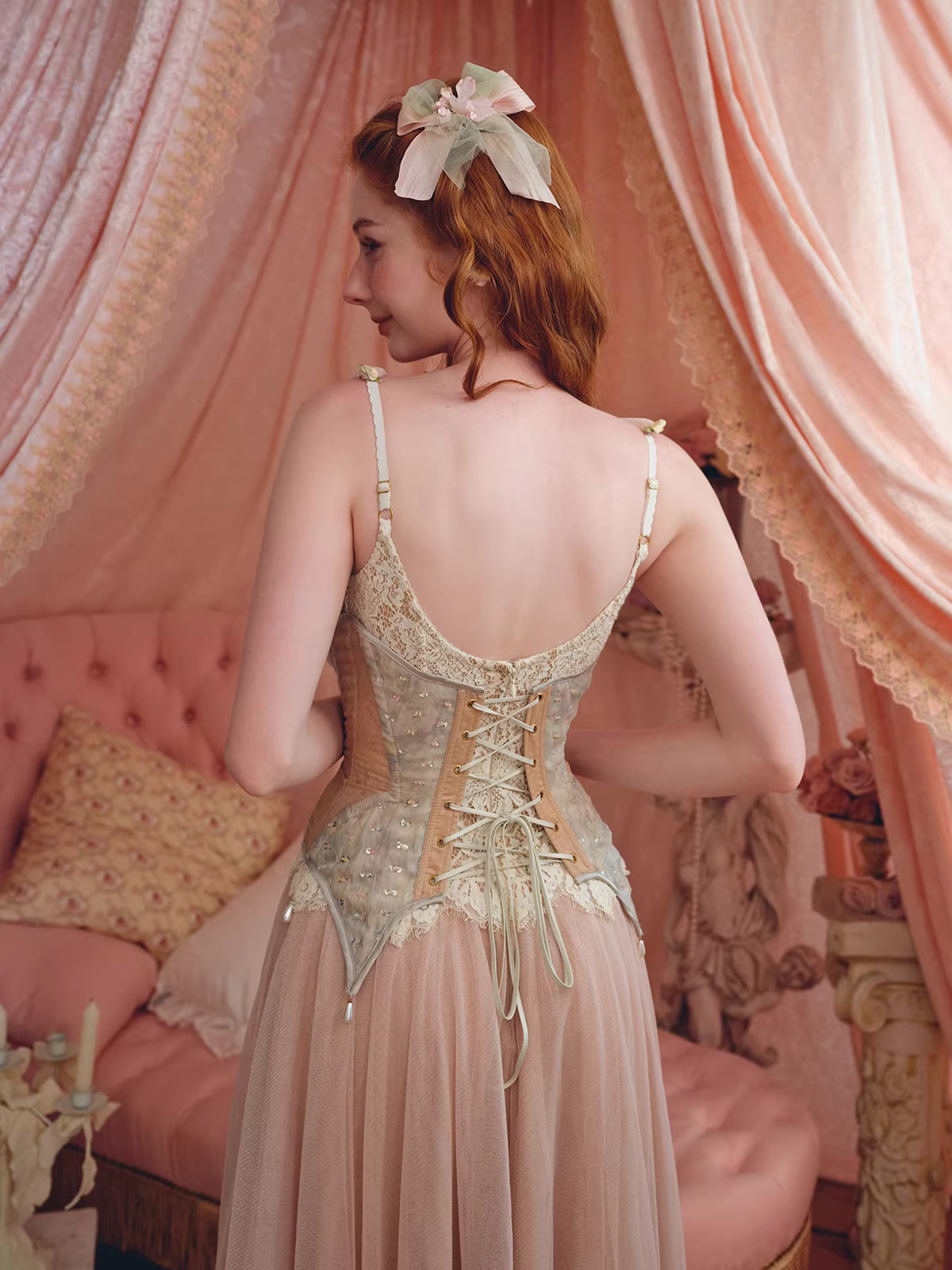 Vintage Pink Tulle A-Line Tea-Length Lace Applique Prom Dress TP5691