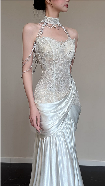 Elegant White Mermaid High Neck Beaded Tassel Halter Lace Satin Chapel Train Wedding Dress TP6133