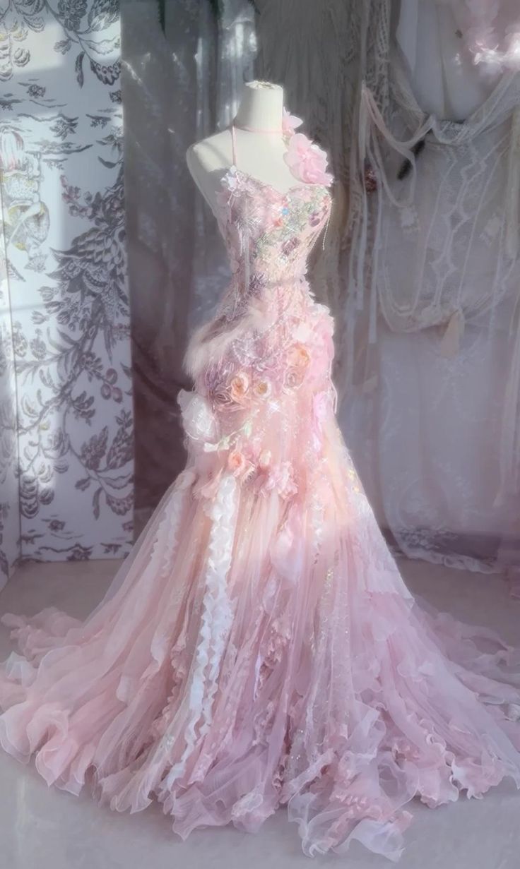 Vintage Pink Mermaid 3D Floral Tulle Fairy Dress Evening Gown TP5423