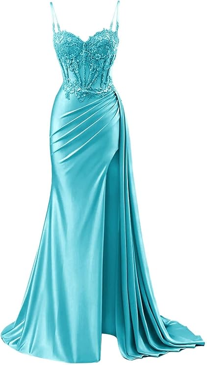 Vintage Sheath Applique Sweetheart Satin Evening Gown Spaghetti Strap Party Dress Slit Long Formal Dress TP4901
