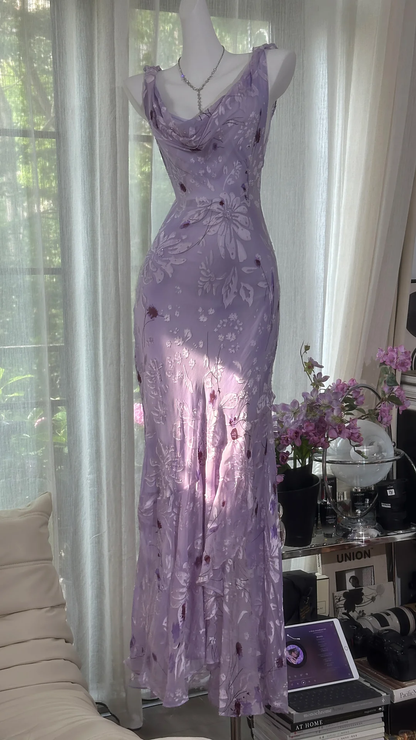 Vintage Light Purple Floral Applique Mermaid Cowl Neck Design Satin Prom Dress Evening Dress TP4247