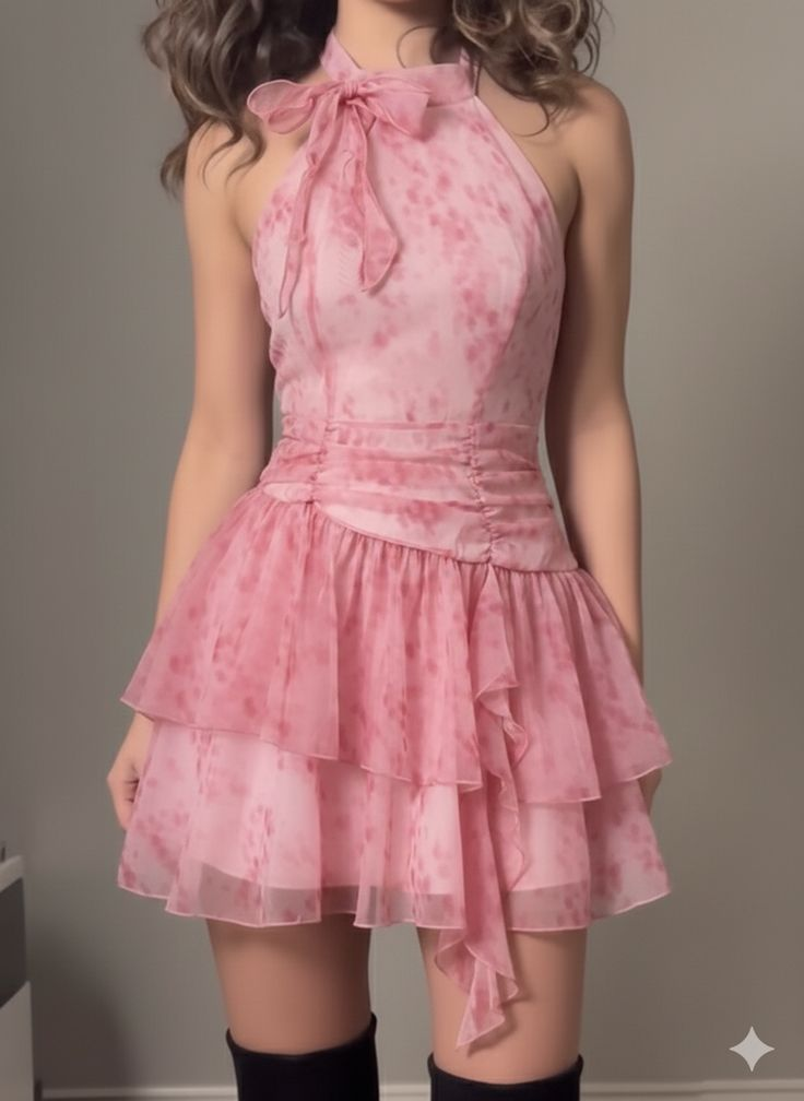 Vintage Pink Floral Chiffon Halter Neck Tiered Ruffled Homecoming Dress TP6135