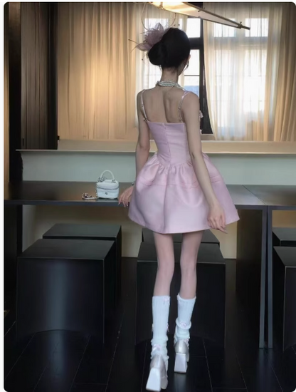 New Simple Pink Bow Design A-line Sleeveless Spaghetti Strap Dress TP3276