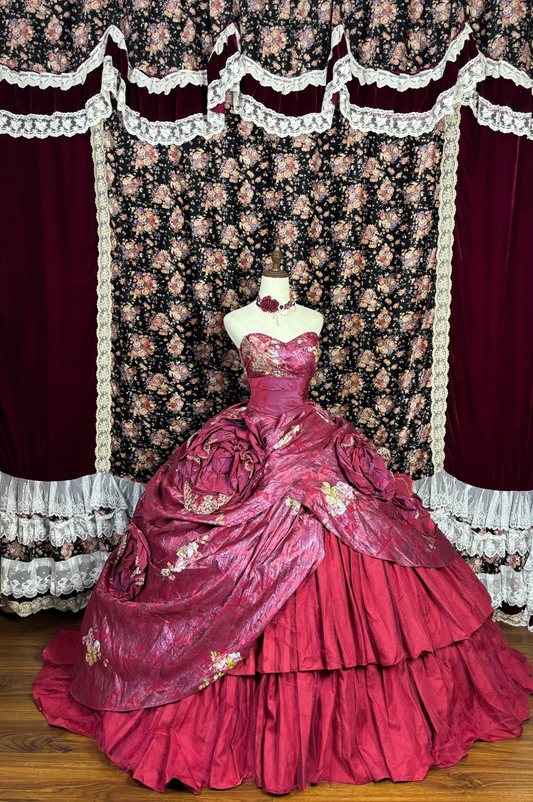 Elegant Burgundy Floral Satin Sweet 16 Quinceanera A-Line Strapless Sweetheart Evening Dress Long Ball Gown TP4981