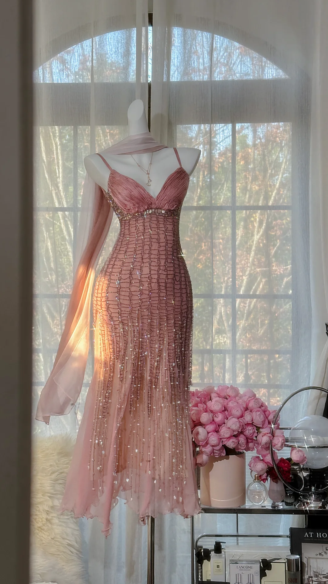 Vintage Blush Pink Spaghetti Strap V-Neck Mermaid Prom Dress Beaded Chiffon Evening Gown for Wedding Guest TP5742
