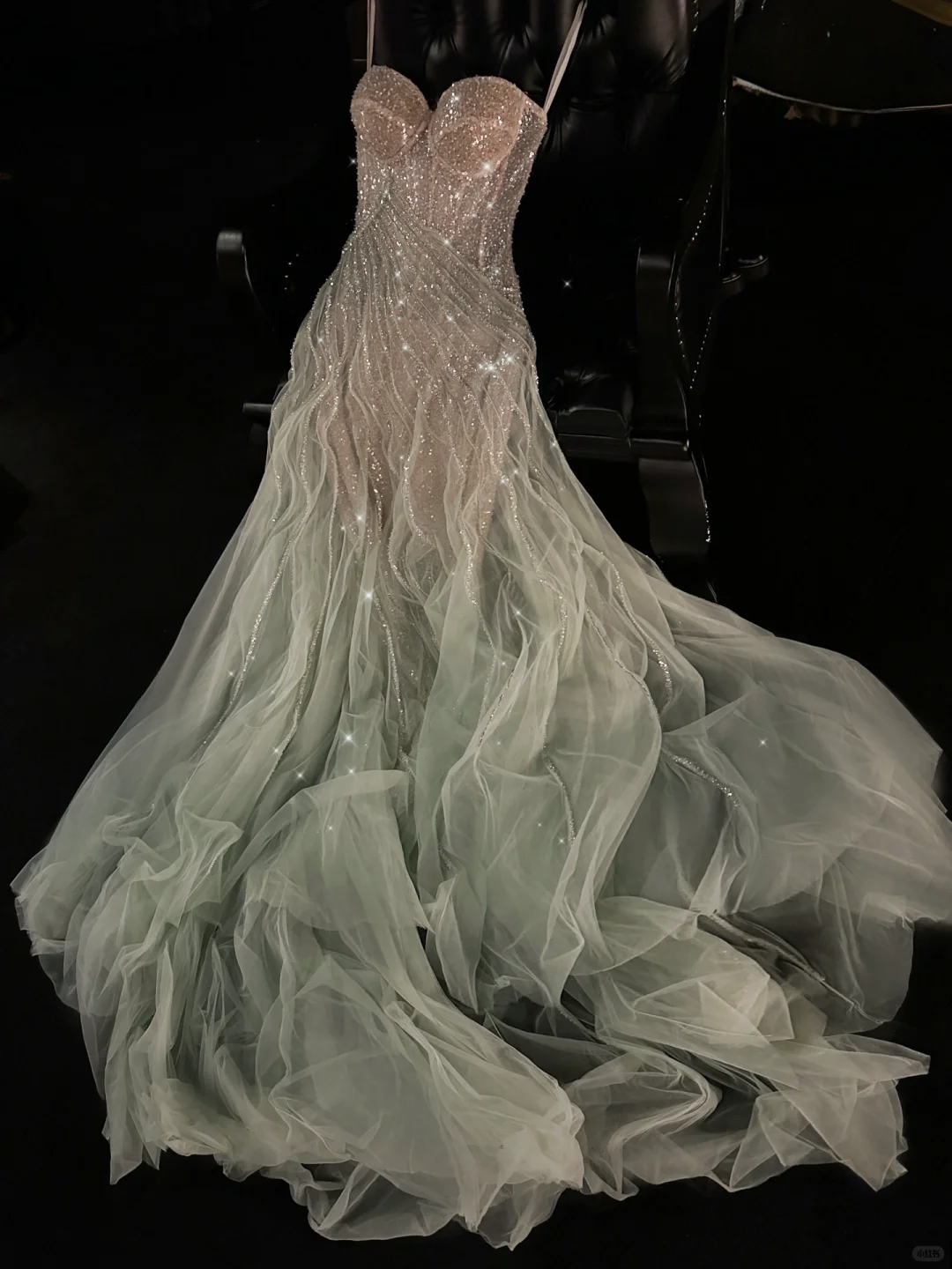 Glamorous Mint Green Ombre Beaded Tulle A-Line Ruffled Evening Gown TP5403
