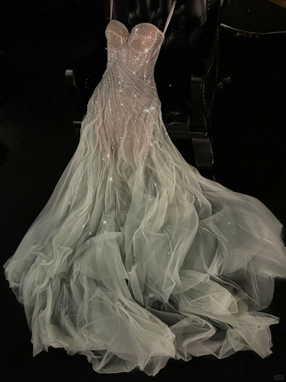 Glamorous Mint Green Ombre Beaded Tulle A-Line Ruffled Evening Gown TP5403