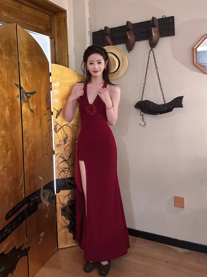 New Sexy Red Halter Dress Elegant Party Evening Dress TP2866