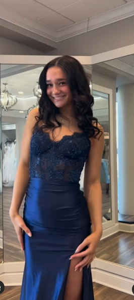 Navy Blue Mermaid Spaghetti Strap Lace Satin High Split Long Prom Dresses TP1698