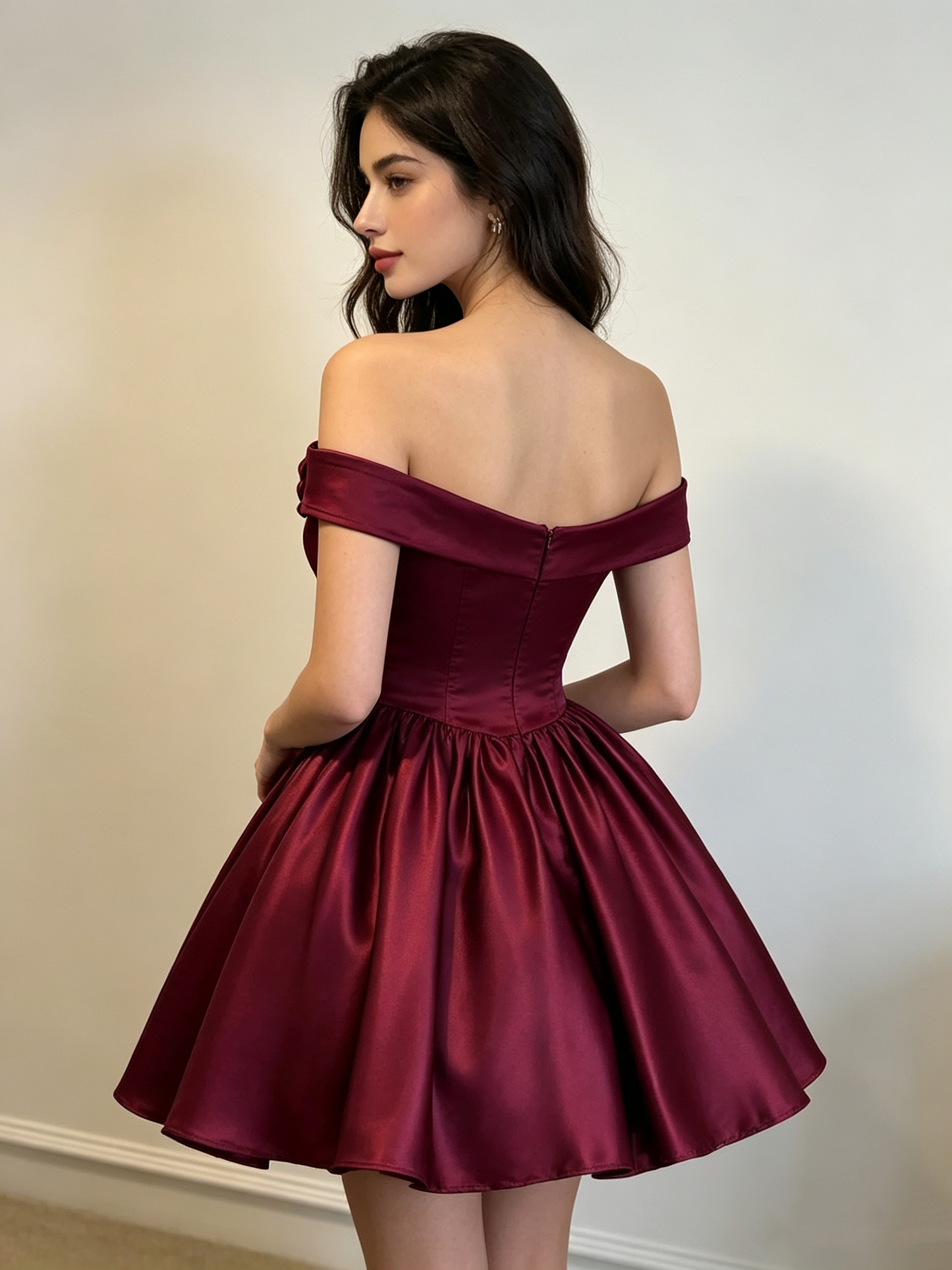 Vintage Burgundy 3D Floral Off-the-Shoulder Satin A-Line Homecoming Dress TP5939