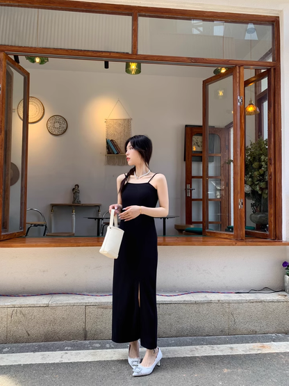 Elegant Fashion Black Sleeveless Spaghetti Strap Dress TP2975