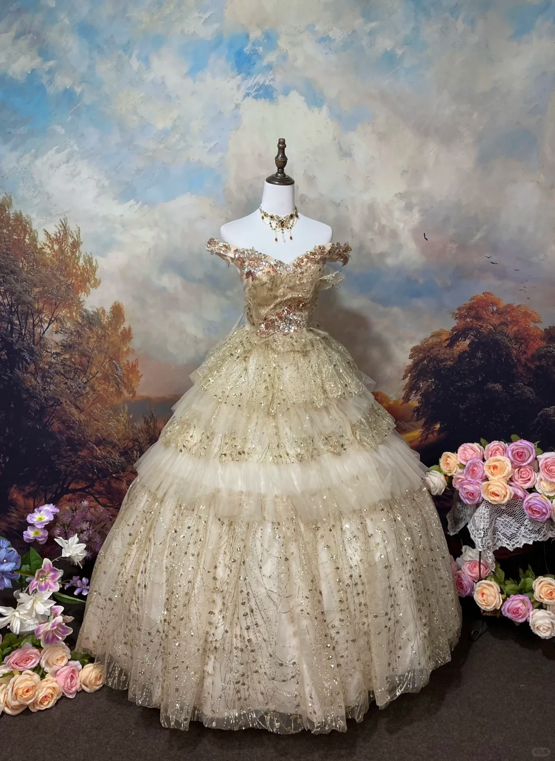 Glamorous Champagne Gold Sequin Off-Shoulder Beaded Tiered Tulle Sweet 15 Quinceanera Ball Gown TP5459