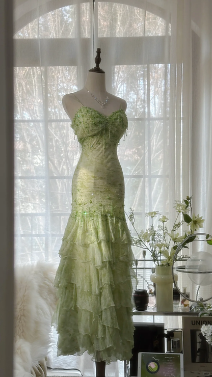 Elegant Green Fairy Mermaid Long Chiffon Spaghetti Strap Ball Gown Evening Dress Prom Dresses TP3967