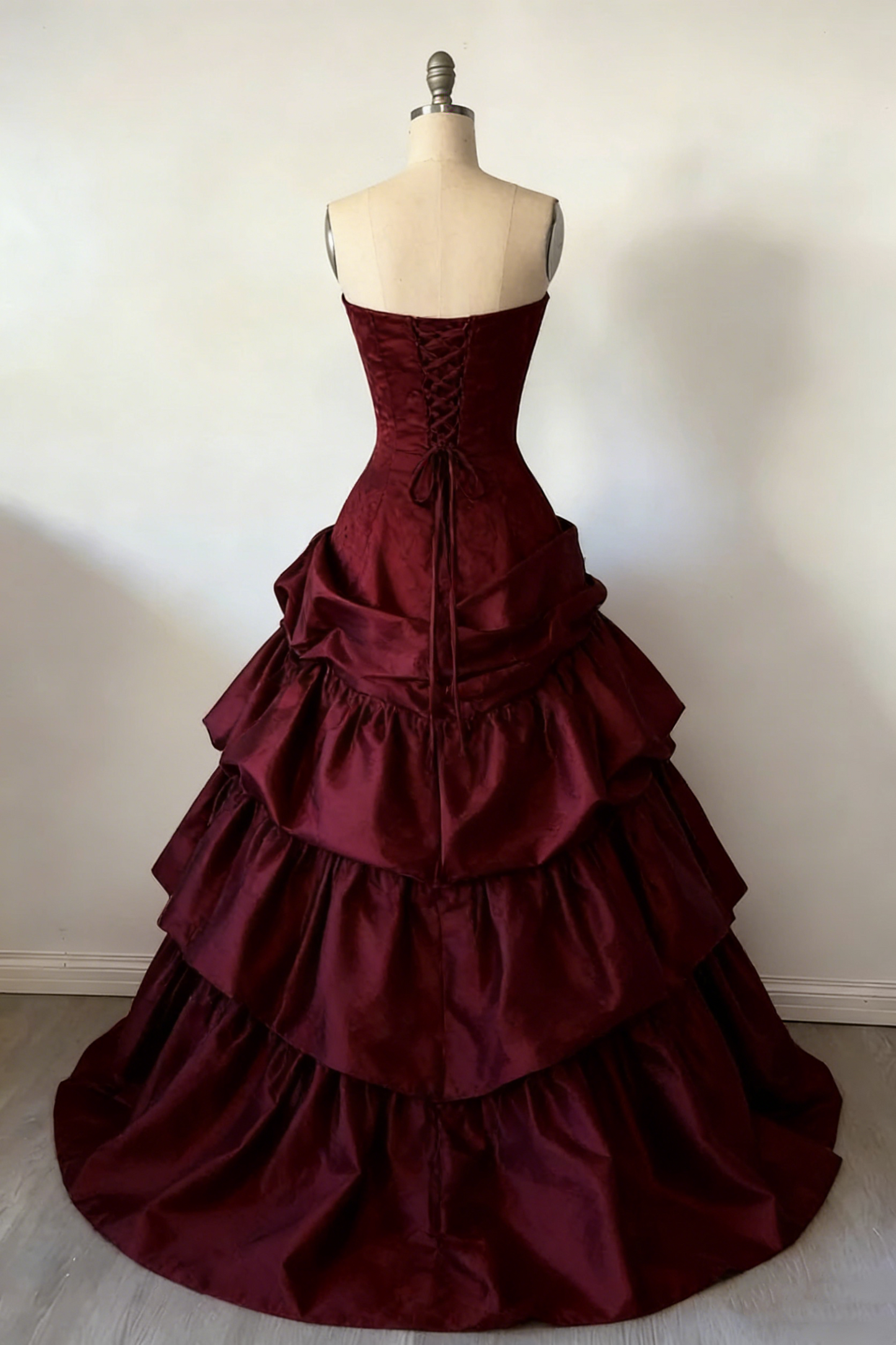 Vintage Burgundy Strapless Tiered Satin Sweet 16 Quinceanera Ball Gown TP5711