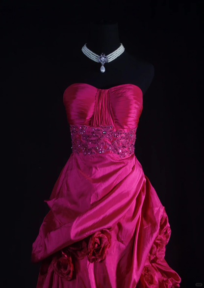 Vintage Fuchsia Strapless Satin Beaded 3D Rose Ruffled Evening Gown TP5417