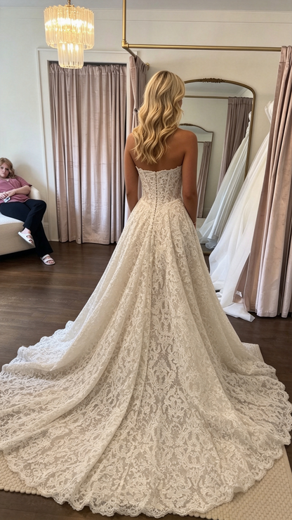 Romantic Strapless A-Line Floral Lace Long Train Wedding Dress TP5992