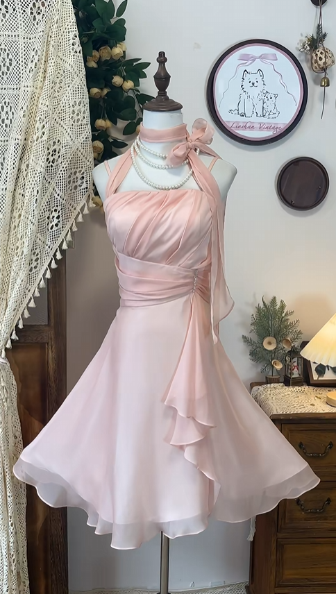 Retro Pink Design Halter Dress A-line Chiffon Elegant Homecoming Dress Birthday Dress Party Dress TP4176