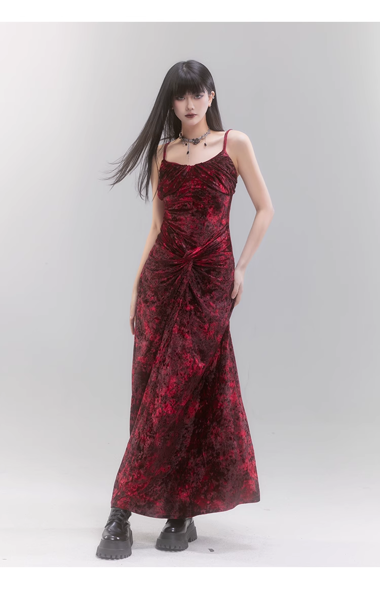 Chic New Design Red Velvet Women Spaghetti Strap Dress TP2945